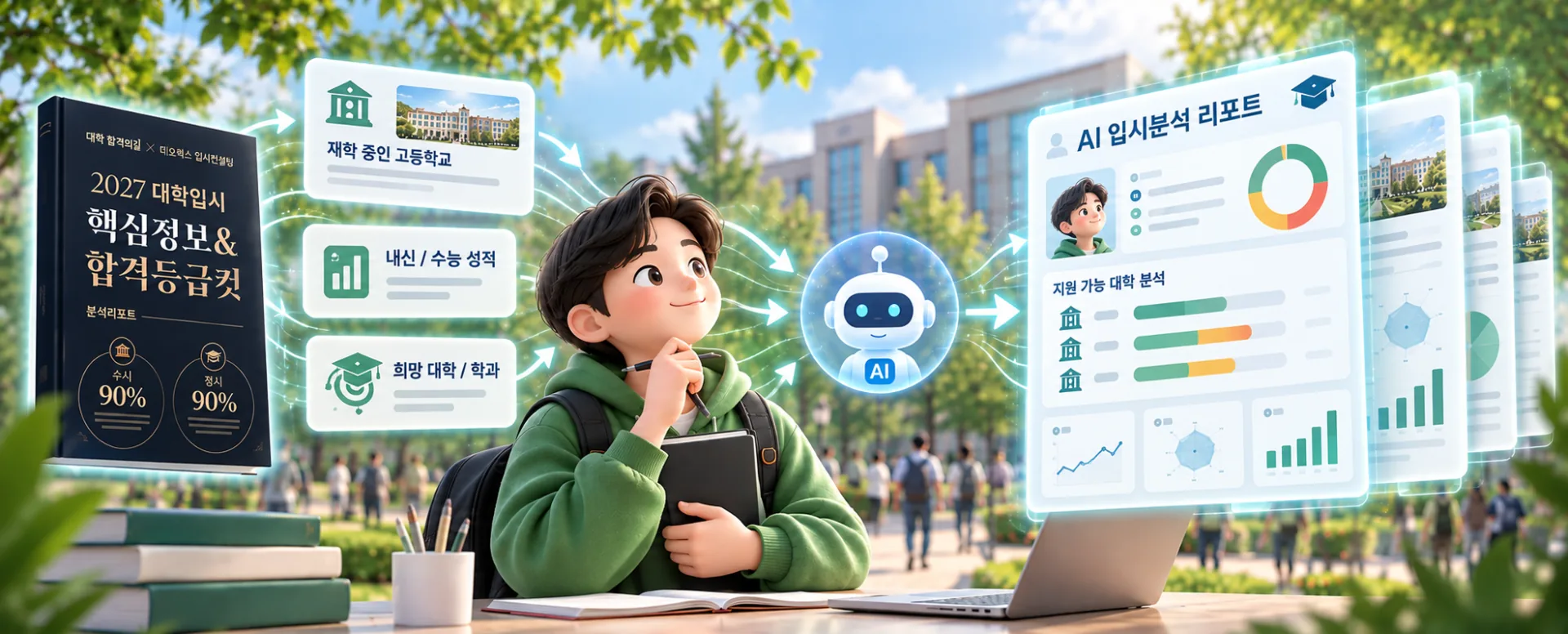 AI 입시분석 워크스페이스 — 대학별 입시 리포트에 재학 중인 고등학교·내신/수능 성적·희망 대학/학과를 더하면 AI 가 지원 가능 대학 분석 리포트를 만들어 주는 흐름을 그린 그림